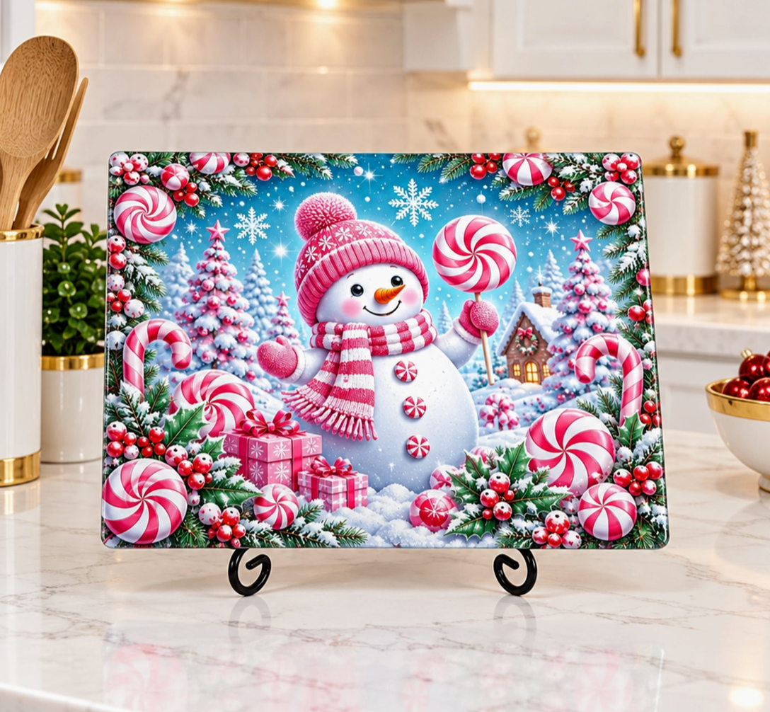 Pink Christmas snowman and peppermint candy glass cutting board displayed in a holiday kitchen