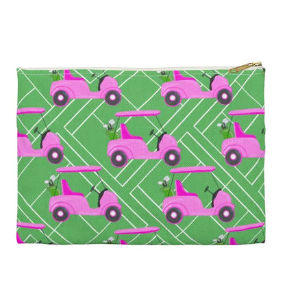 Pouch with pink golf cart pattern on a green background