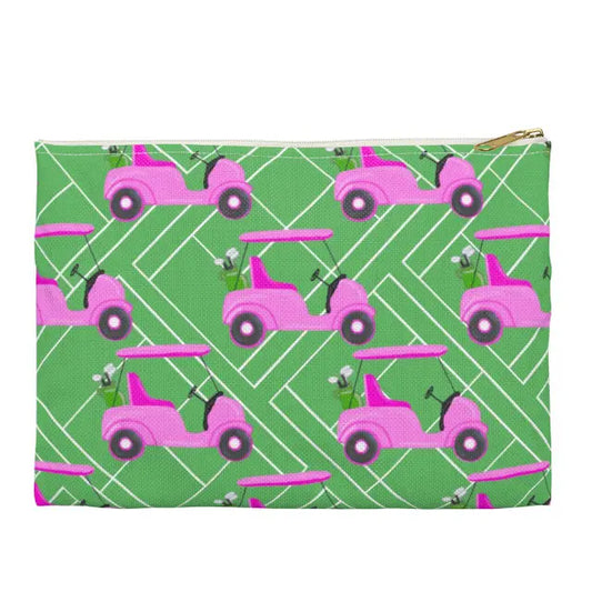 Pouch with pink golf cart pattern on a green background