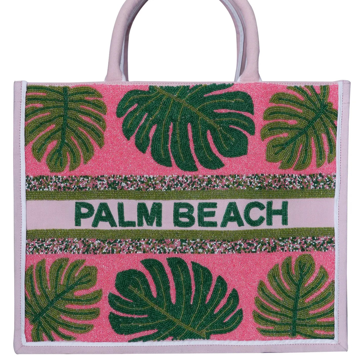 Pink Green Emerald Palm Trees Beaded Tote Bag