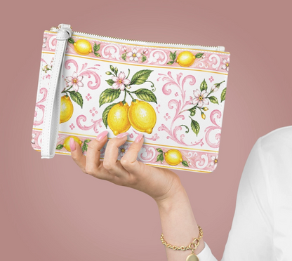 Pink lemon floral wristlet clutch with detachable strap