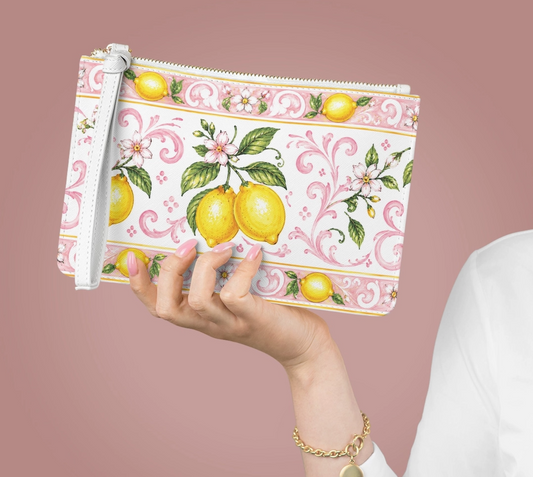 Pink lemon floral wristlet clutch with detachable strap