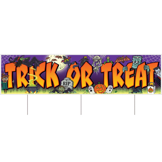Halloween-themed banner with 'Trick or Treat' text and spooky graphics on a purple background.