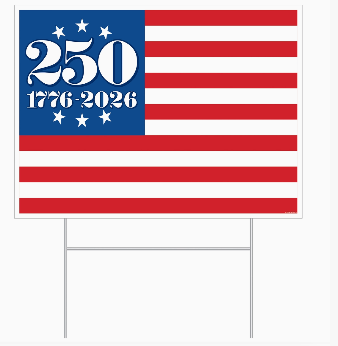 American flag with '250 1776-2026' text on a white background