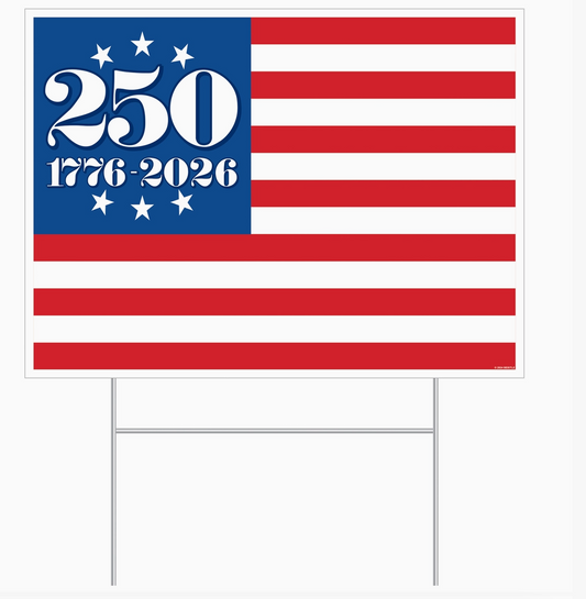 American flag with '250 1776-2026' text on a white background