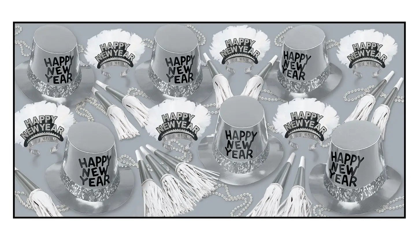 Silver 'Happy New Year' party hats with tassels on a white background