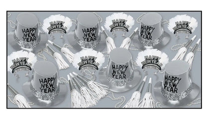 Silver 'Happy New Year' party hats with tassels on a white background