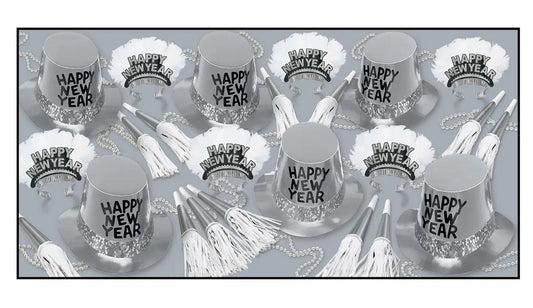 Silver 'Happy New Year' party hats with tassels on a white background