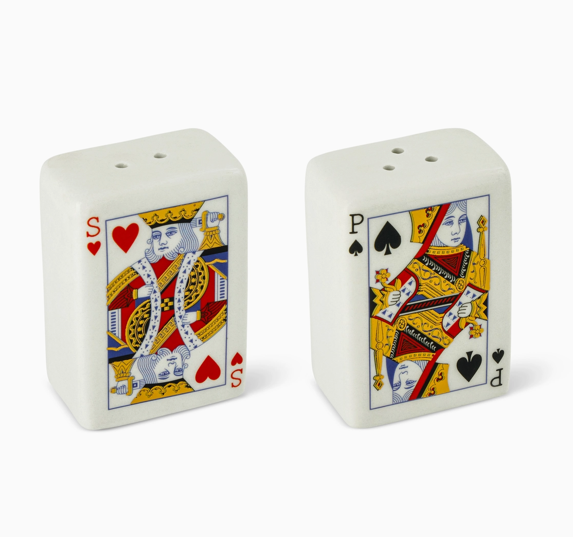 Two ceramic playing card salt and pepper shakers with colorful heart and spade royal card designs