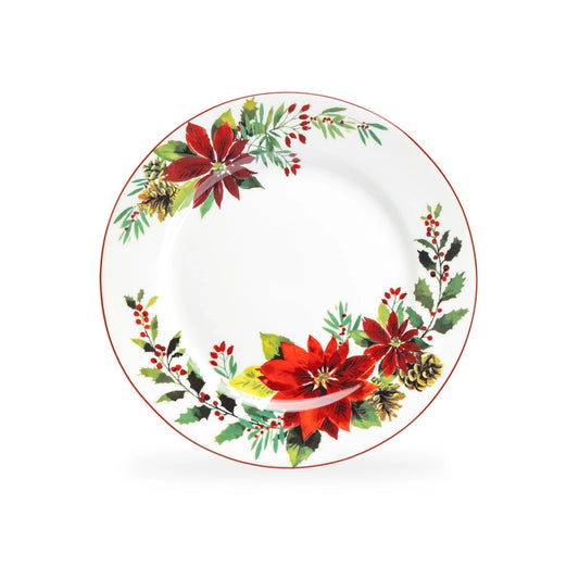 Decorative plate with poinsettia and holly design on a white background