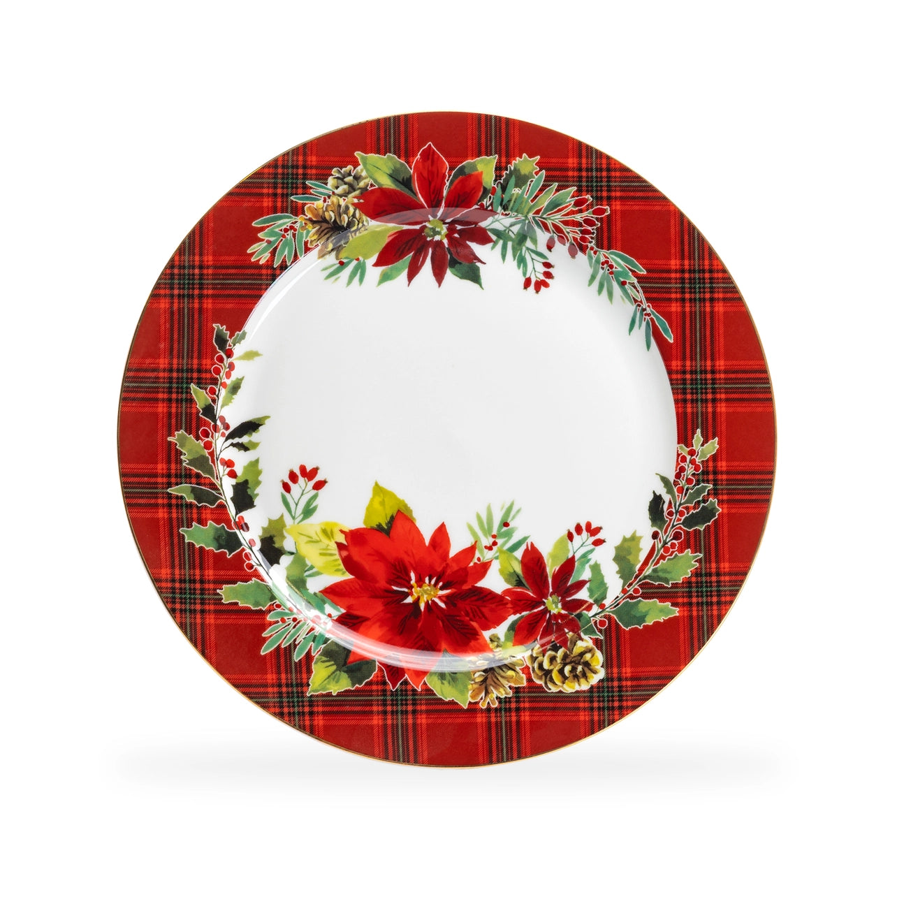 Decorative plate with red plaid border and poinsettia design on a white background