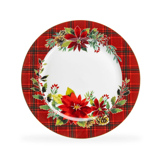 Decorative plate with red plaid border and poinsettia design on a white background