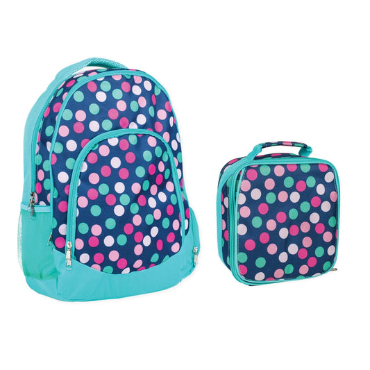 Polka dot backpack and lunch bag set on a white background