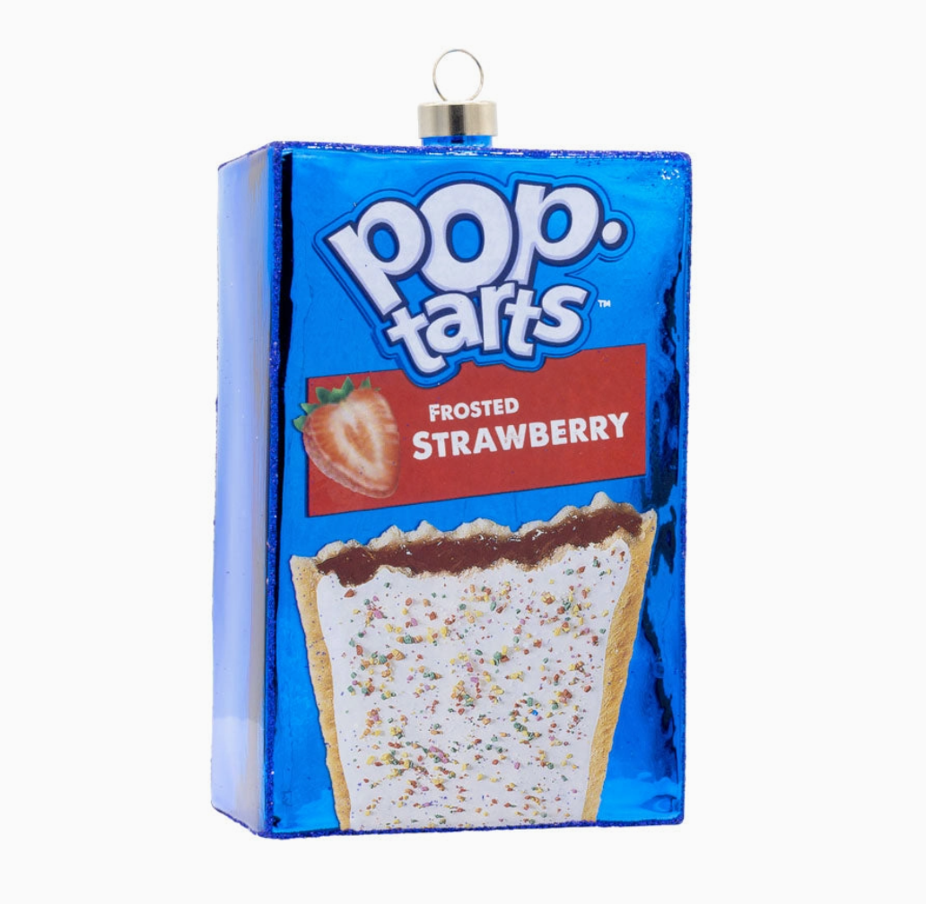 A Pop-Tarts-shaped glass ornament featuring the classic blue packaging design with a hanging loop at the top, shown on a plain white background.