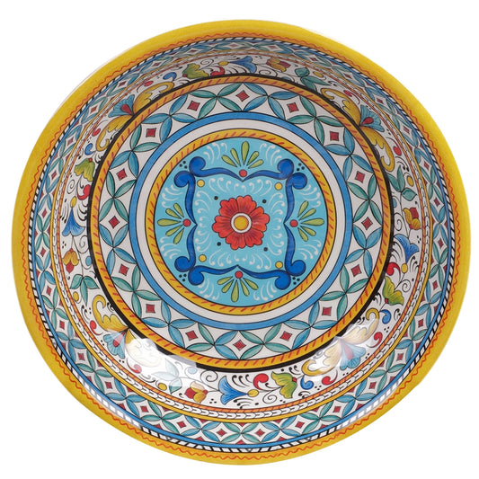 Decorative ceramic bowl with colorful patterns on a white background