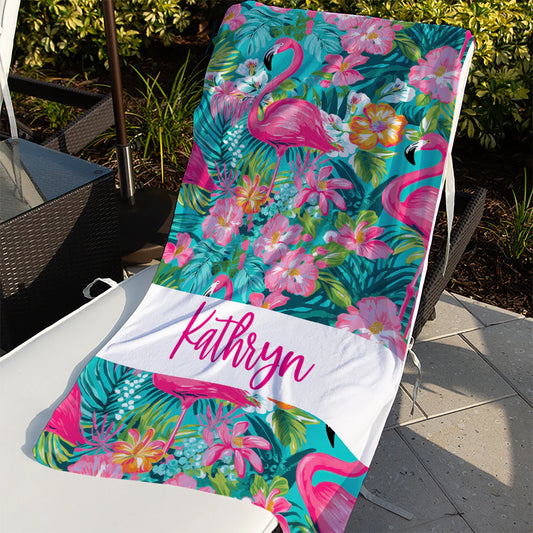 Preppy Personalized Flamingo Beach Towel