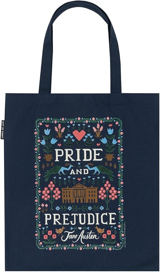 Navy tote bag with 'Pride and Prejudice' design featuring Jane Austen's name.