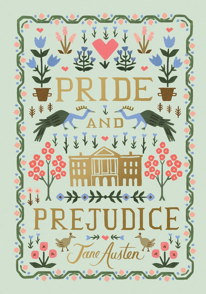 Book cover of 'Pride and Prejudice' by Jane Austen with decorative elements on a light green background