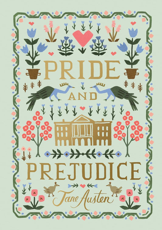 Book cover of 'Pride and Prejudice' by Jane Austen with decorative elements on a light green background