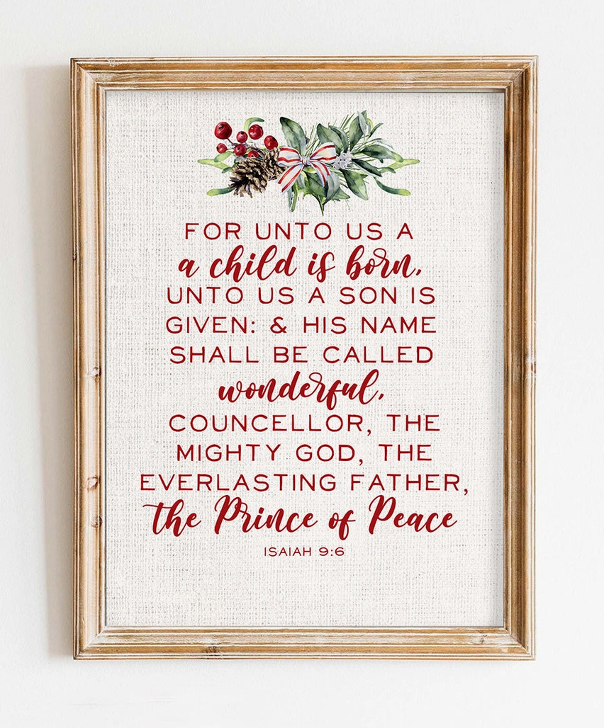 Prince of Peace Isaiah 9:6 Christmas art print with red Scripture lettering, greenery, berries, pinecone and holiday ribbon