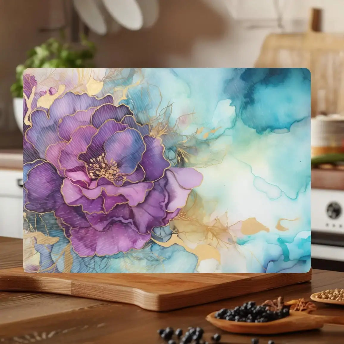 Purple Bloom Tempered Glass Kitchen Cutting & Serving Board