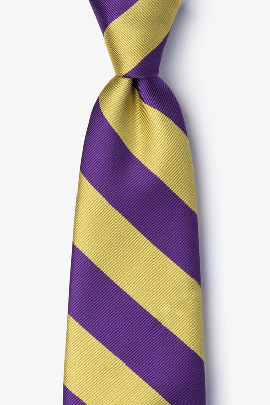 Purple and yellow striped tie on a white background