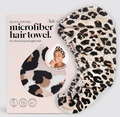 Leopard print hair towel with packaging on a light gray background by Kitsch