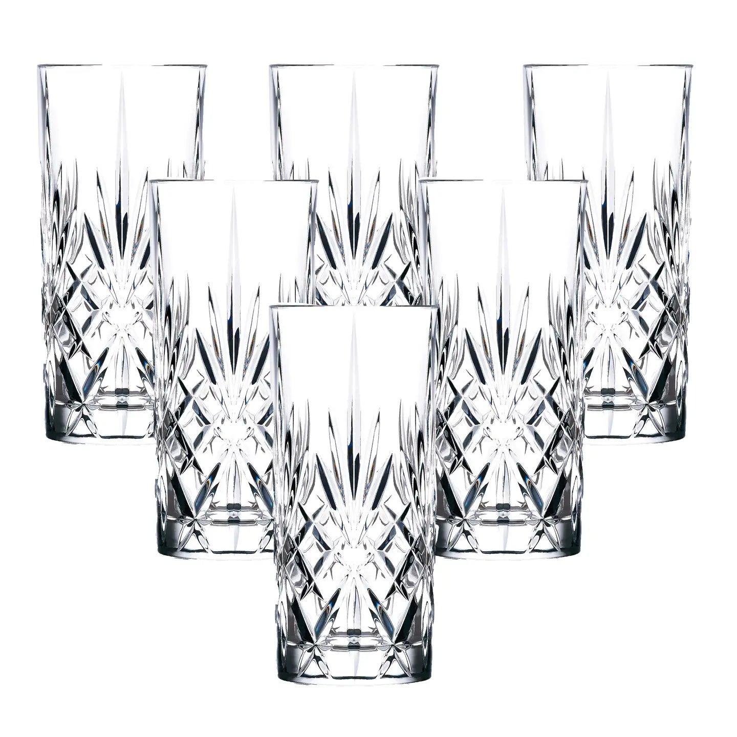 Six clear cut-crystal tumblers with a faceted diamond pattern, arranged symmetrically on a solid white background.