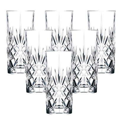 Six clear cut-crystal tumblers with a faceted diamond pattern, arranged symmetrically on a solid white background.