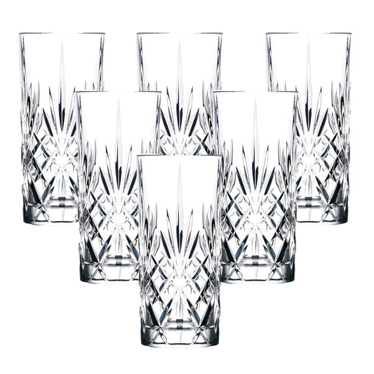 Six clear cut-crystal tumblers with a faceted diamond pattern, arranged symmetrically on a solid white background.