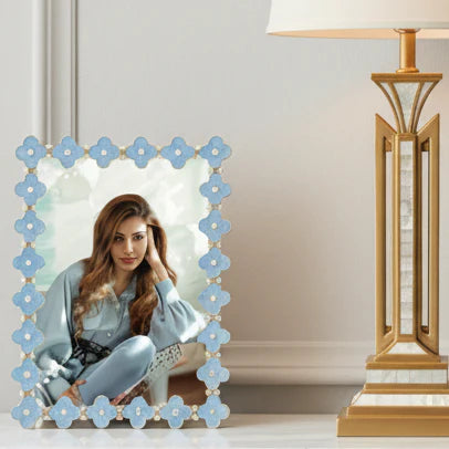 Light Blue Enamel Clover 5" x 7" Picture Frame, Gold