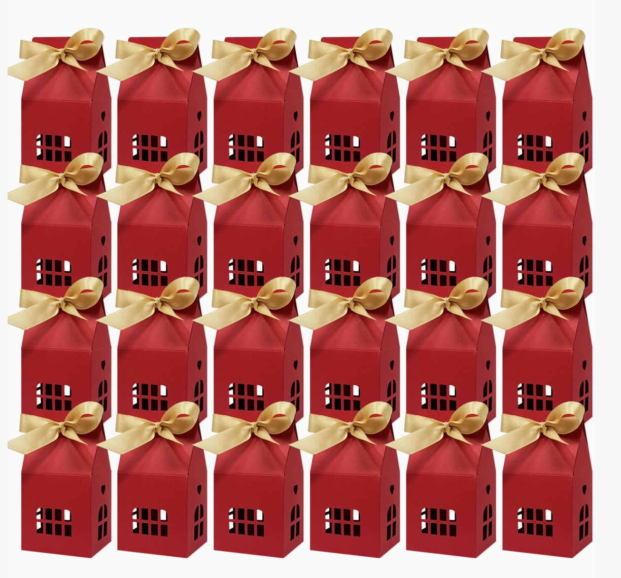 Set of 24 red Christmas house shaped gift boxes with gold satin ribbons