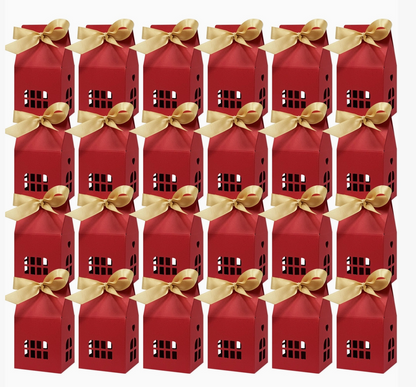Set of 24 red Christmas house shaped gift boxes with gold satin ribbons