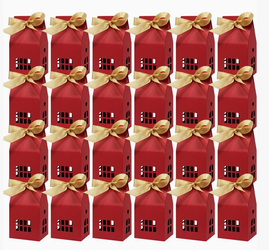 Set of 24 red Christmas house shaped gift boxes with gold satin ribbons