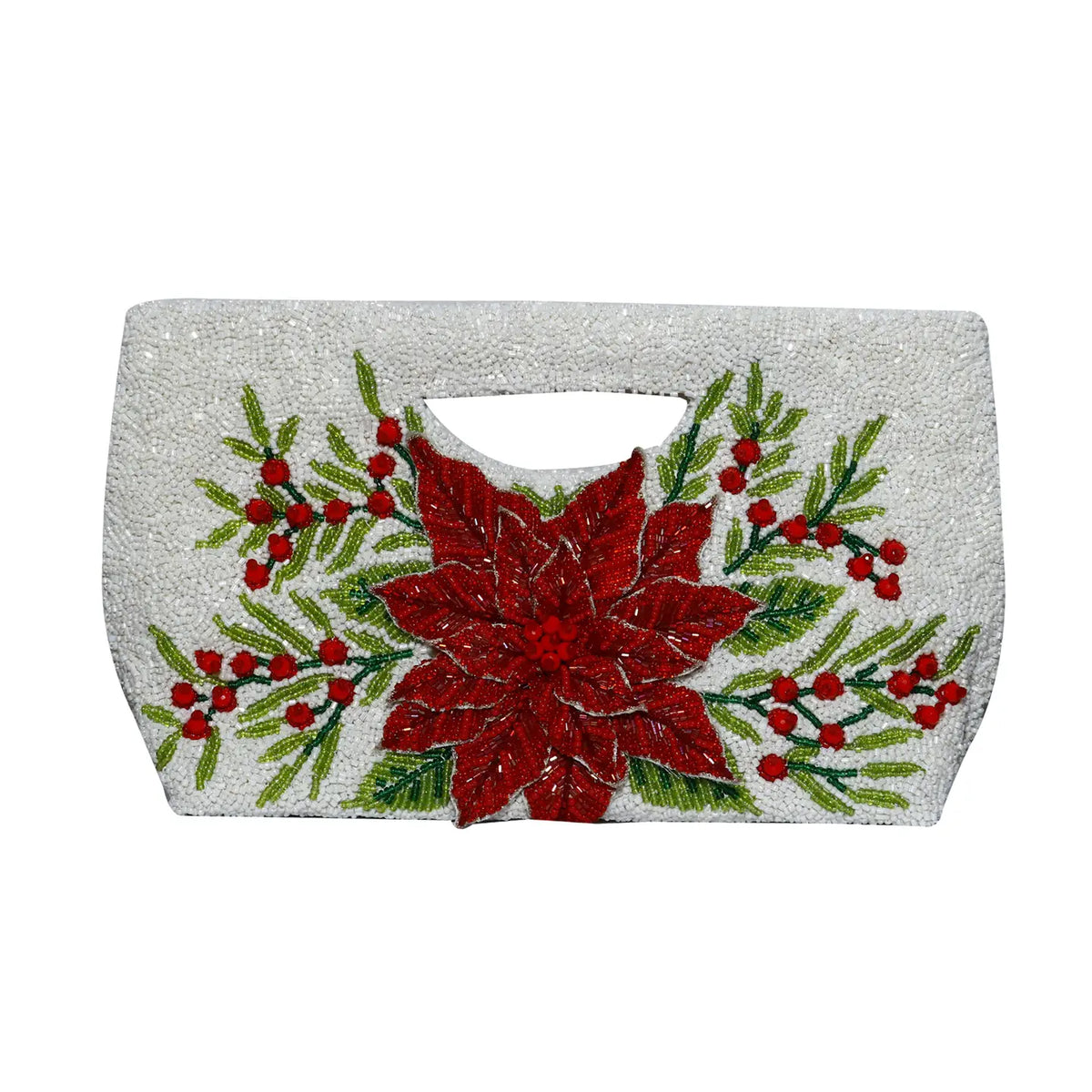 A white textured clutch bag featuring a large red poinsettia and green holly leaf and berry embroidery on the front, with a cutout handle at the top. NY Gift Boutique