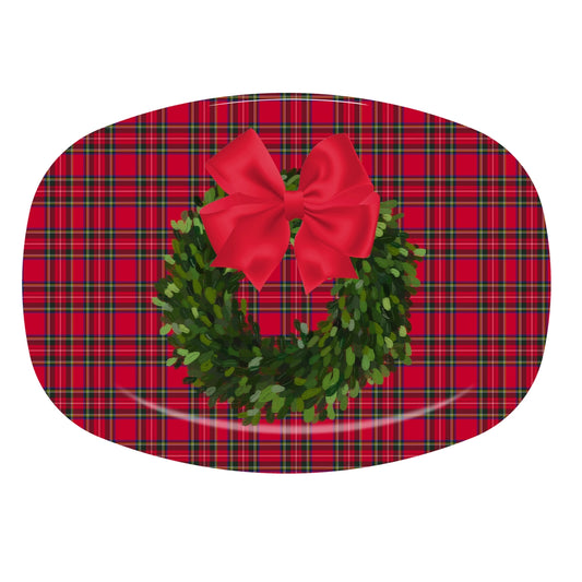 Red Tartan Plaid Boxwood Wreath ThermoSaf® Platter