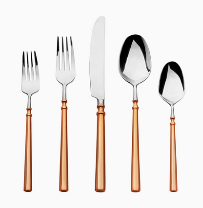 Regal copper handle 20-piece flatware set featuring forks, knife and spoons in stainless steel and copper.