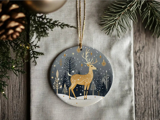 Reindeer Gold & Gray Ceramic Disc Ornament