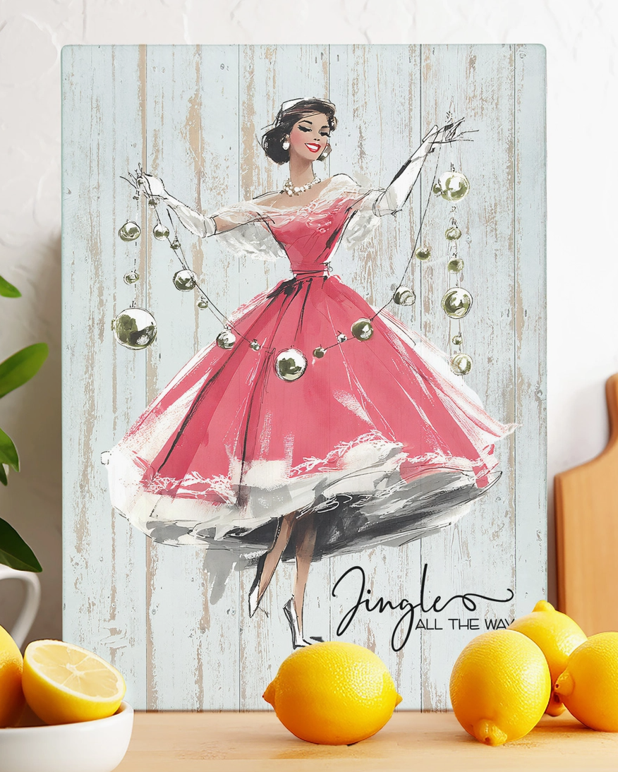 Retro Christmas Jingle All the Way glass cutting board featuring a woman in a red holiday dress holding silver Christmas ornaments