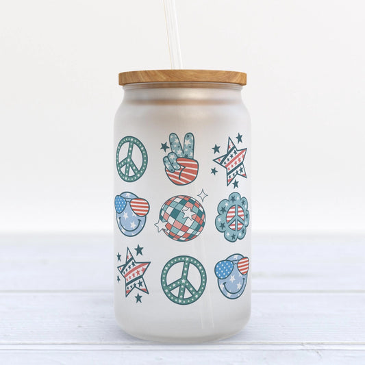 Retro Peace Patriotic Americana Frosted Glass Can Tumbler