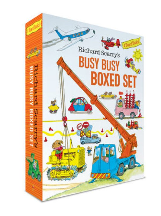 Richard Scarry's Busy Busy Boxed Set packaging with illustrations of a crane, airplane, and other vehicles.