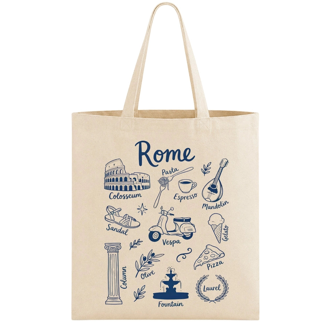 A beige canvas tote bag with navy blue hand-drawn style illustrations of Rome, including the Colosseum, Vespa scooter, pizza, espresso cup, and the word 'Rome'.