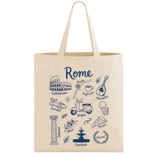 A beige canvas tote bag with navy blue hand-drawn style illustrations of Rome, including the Colosseum, Vespa scooter, pizza, espresso cup, and the word 'Rome'.