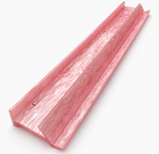 Close-up of a Rosé Pink Pearl acrylic Mahjong rack featuring luminous pink marbling, a magnetic straight pusher, and an elevated tile shelf.