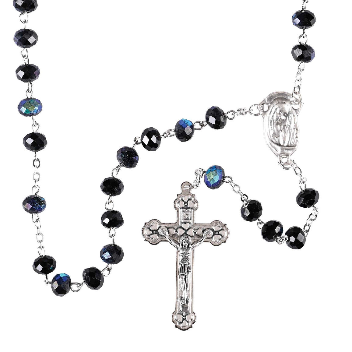 Rosary with black beads and a silver cross on a white background