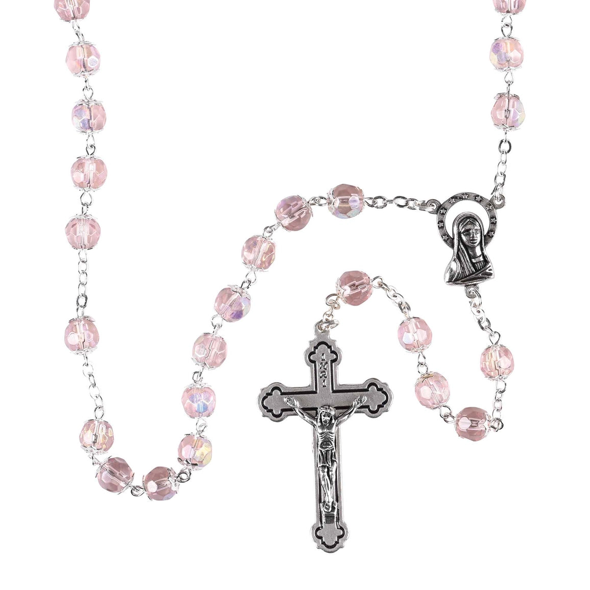 Pink rosary with silver crucifix and Our Lady of Lourdes medal on a white background