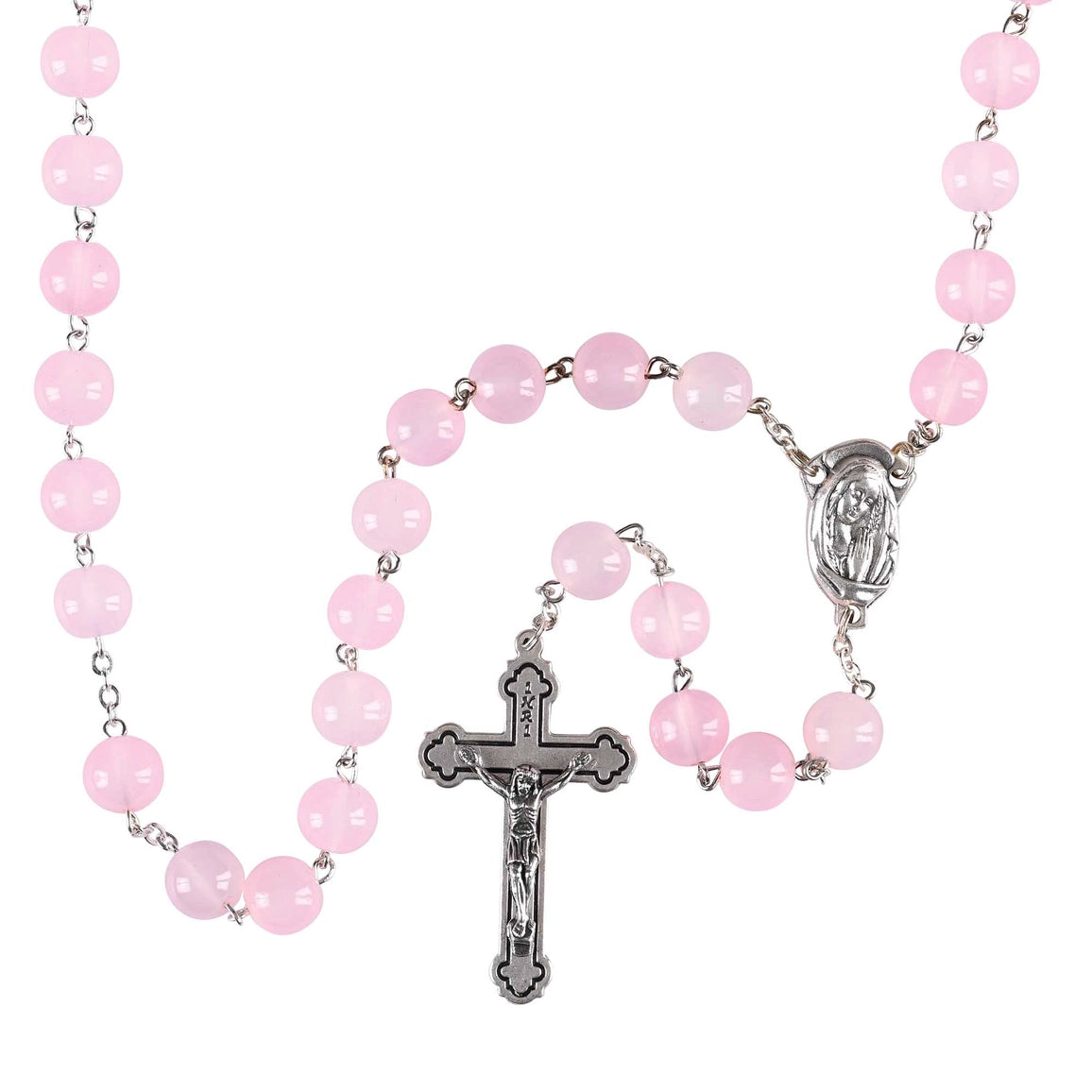 Pink rosary with a cross on a white background