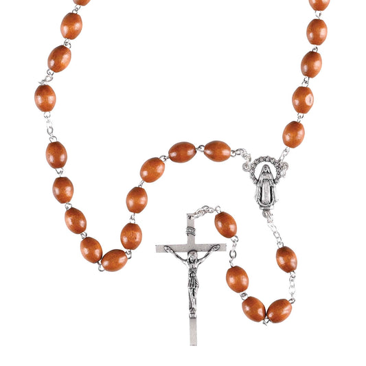 Rosary with brown beads and silver crucifix on a white background