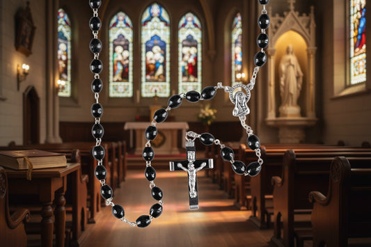 Rosary Silver Plate Black Wood Bead 18"L