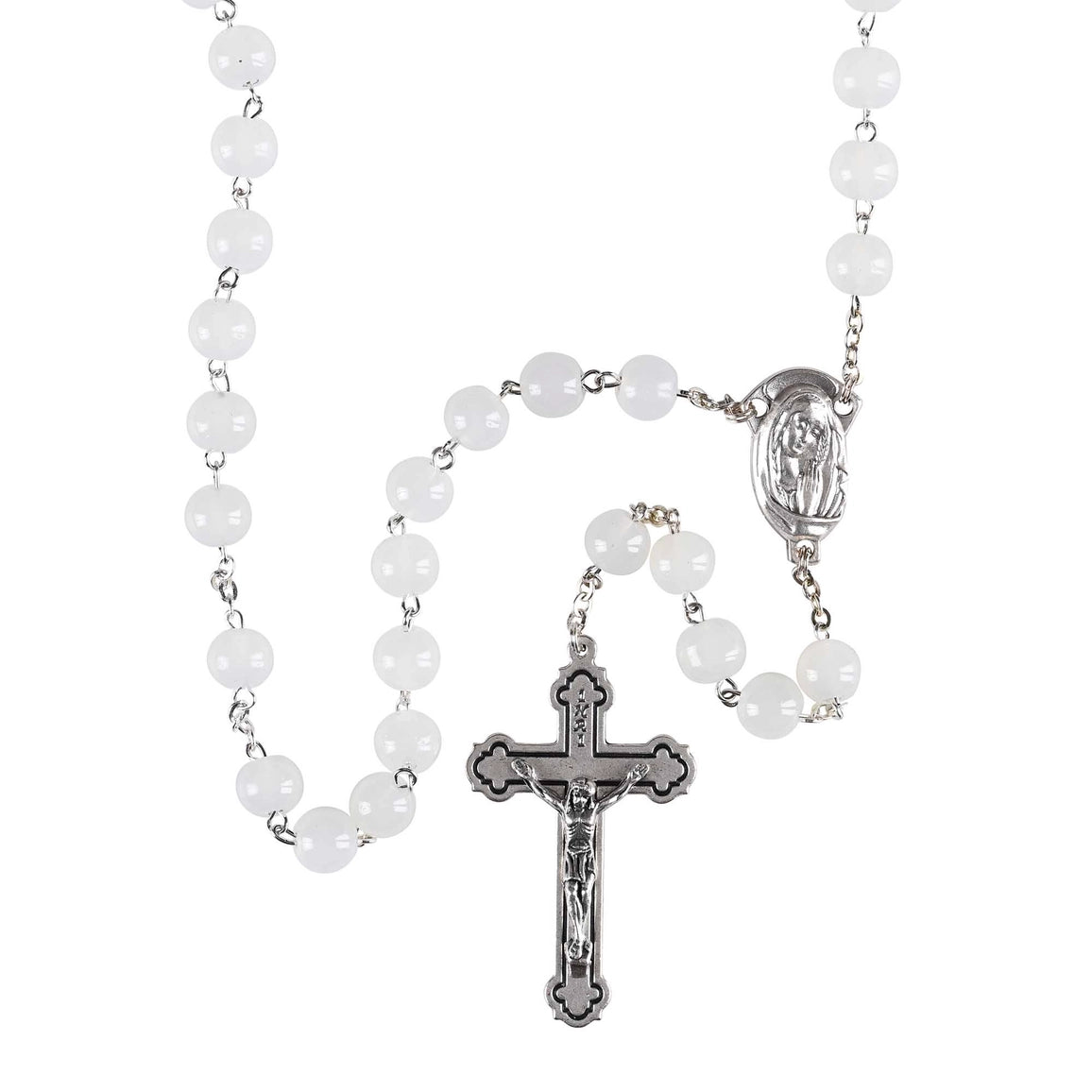 Rosary White Glass Bead Silver Plate 20"L - NY Gift Boutique